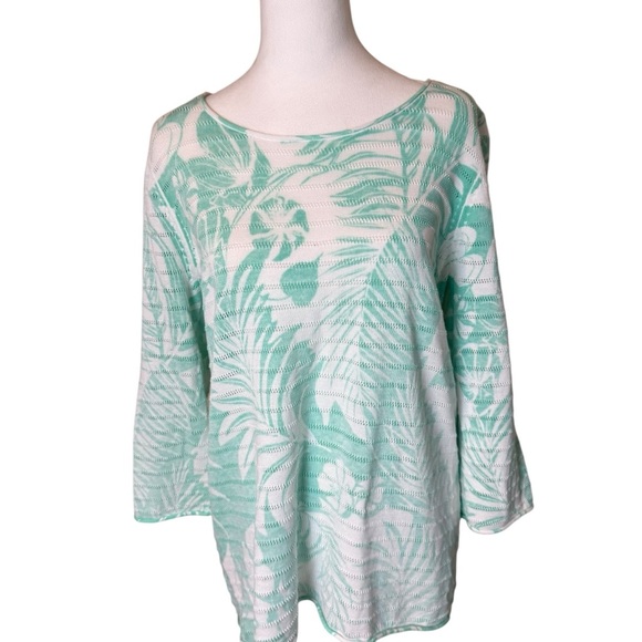Tommy Bahama Lets Be Fronds Pima Cotton BoatNeck Leaf Sweater Green White Medium - Picture 2 of 9